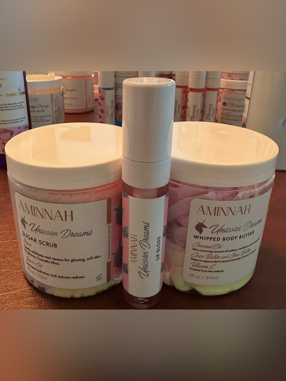 AMINNAH “Unicorn Dreams” Set/3 Sugar Scrub, Whipped Body Butter & Lip Gloss NEW